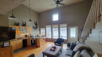 Smart TV, fireplace, DVD player, books