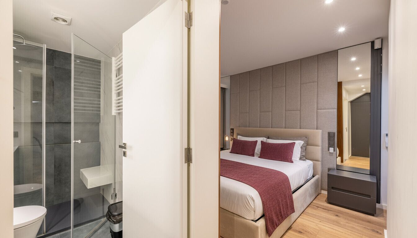 A modern bedroom with a large bed, a bedside table, and a glass-enclosed shower area.
