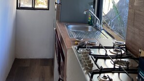 Una cuina compacta amb fogó a gas, rentapelats i nevera.