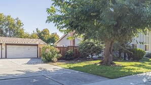 A residential house with a garage, a lawn, and a large tree. - Family and Business Friendly Home near Great Mall & BART - 2640 (San Jose)