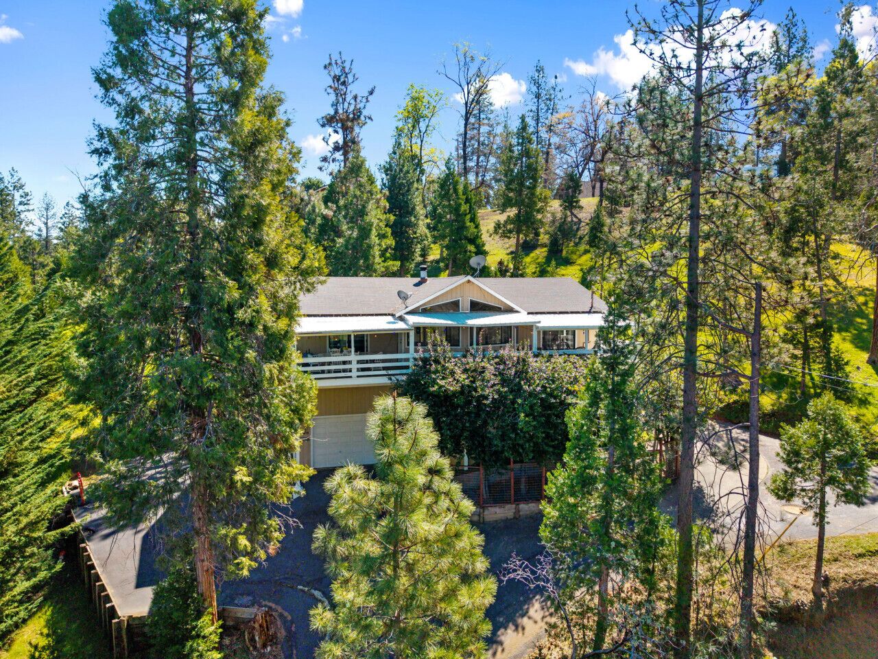 A two-story house surrounded by tall pine trees.