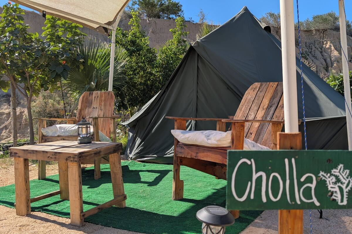 Un terrain de camping avec une tente, une chaise en bois, une table avec une lanterne et un panneau indiquant « Cholla ».