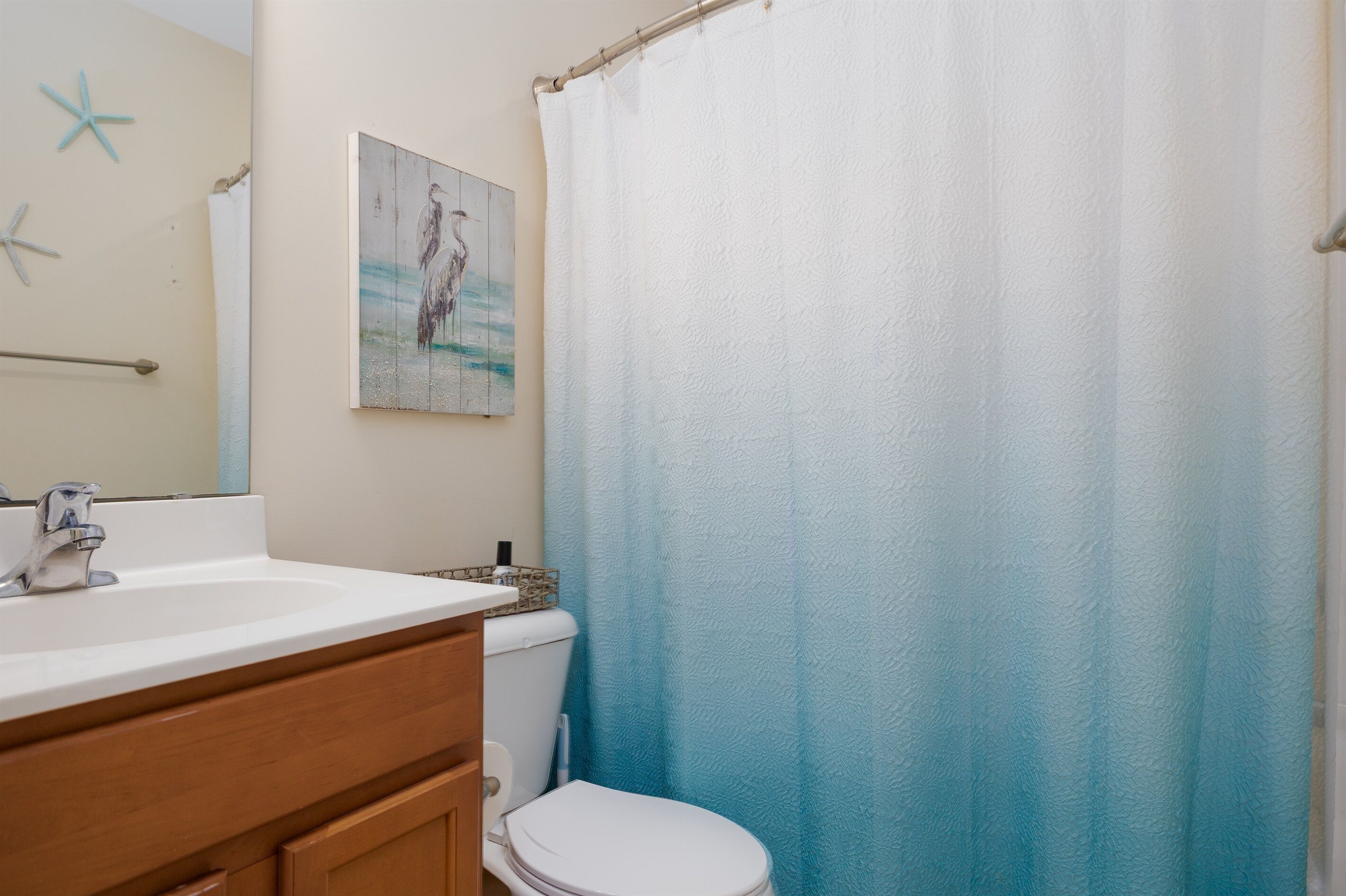 A bathroom with a white sink, wooden cabinet, and a toilet. There is a blue shower curtain and a starfish decoration on the wall.
