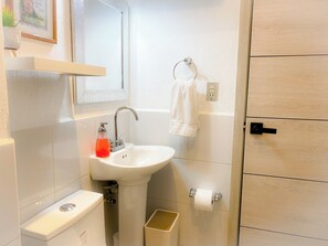 Regadera, secadora de cabello, toallas, jabón 