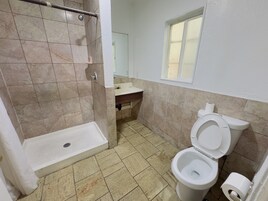 Ducha, toallas, jabón, shampoo