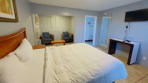 A hotel room with a bed, a desk, a chair, a mirror, and a television. - Parklane Motel (Oakland)