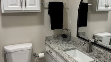 Hair dryer, towels, soap, toilet paper