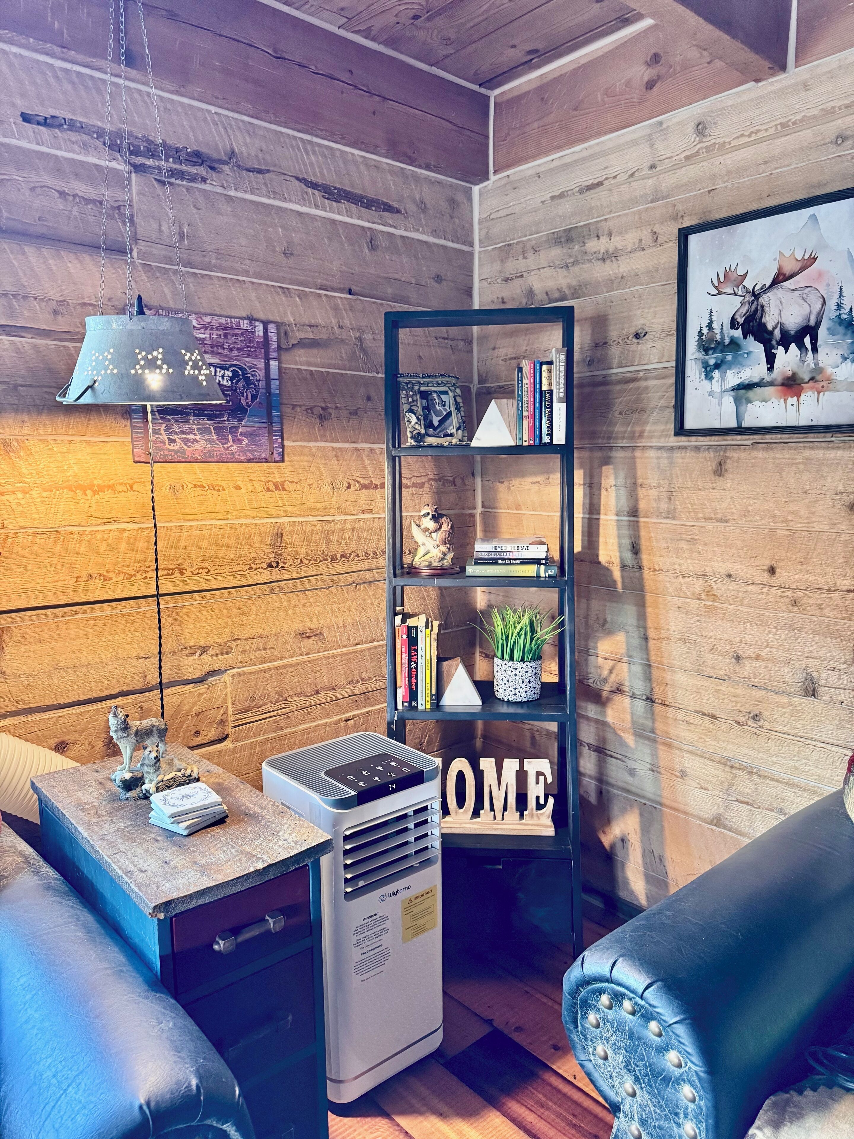 Ein gemütliches Zimmer mit Holzwänden, einem Bücherregal, einem Schreibtisch mit Computer und einem blauen Ledersofa.
