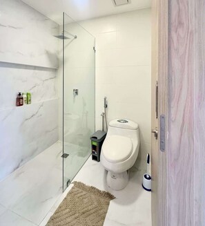 Une salle de bain avec une douche à parois de verre, des toilettes et un bidet.