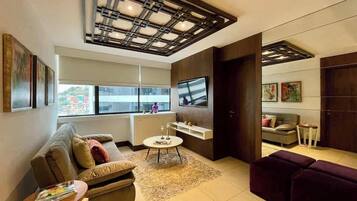 A modern living room with a sofa, a coffee table, a TV, and a fireplace.