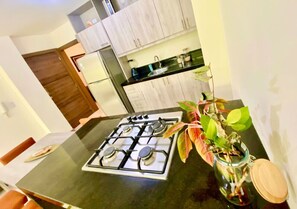 ثلاجة، موقد طهي مسطح، ماك�ينة لصنع القهوة/الشاي، محمصة خبز