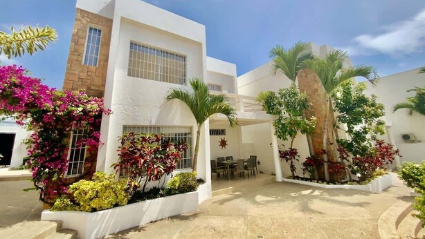 Un edificio moderno con un patio, mobiliario exterior y diversas plantas.