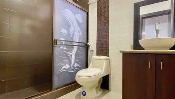 Shower, hair dryer, shampoo