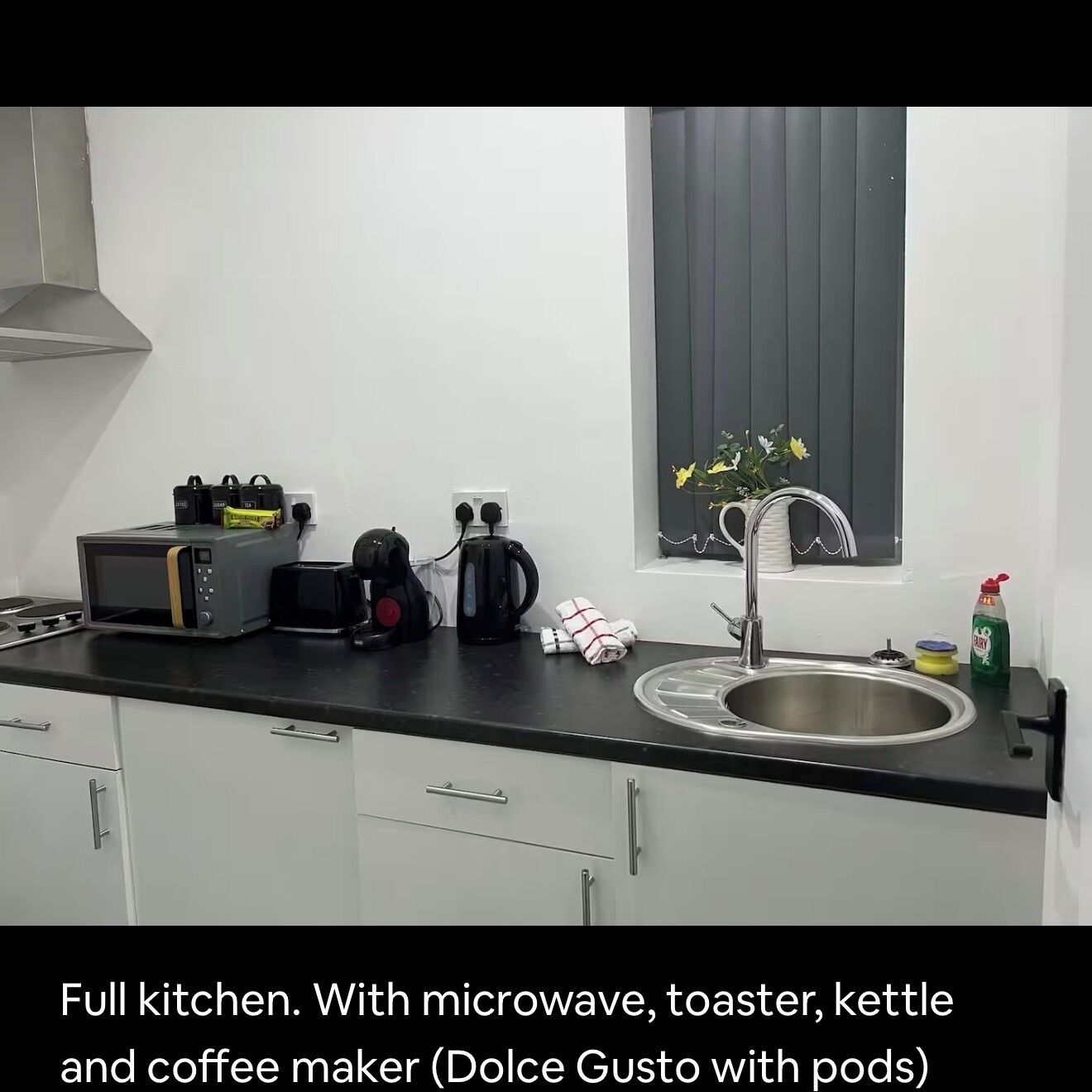 Fridge, microwave, stovetop, coffee/tea maker