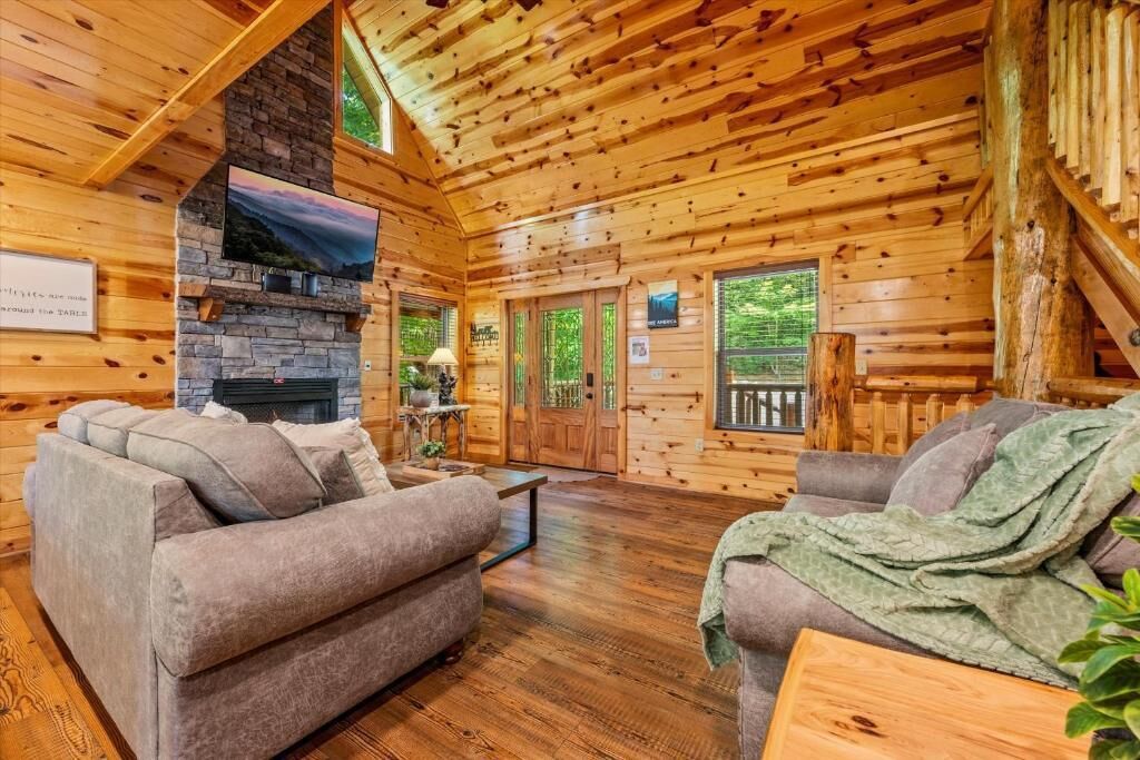 Deluxe House, Private Pool, Mountain View | Living area | 85-inch Smart TV with digital channels, fireplace