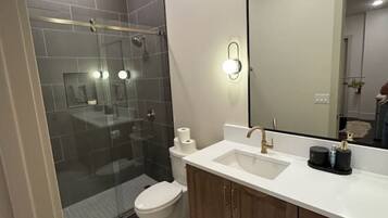 Hair dryer, towels, soap, toilet paper