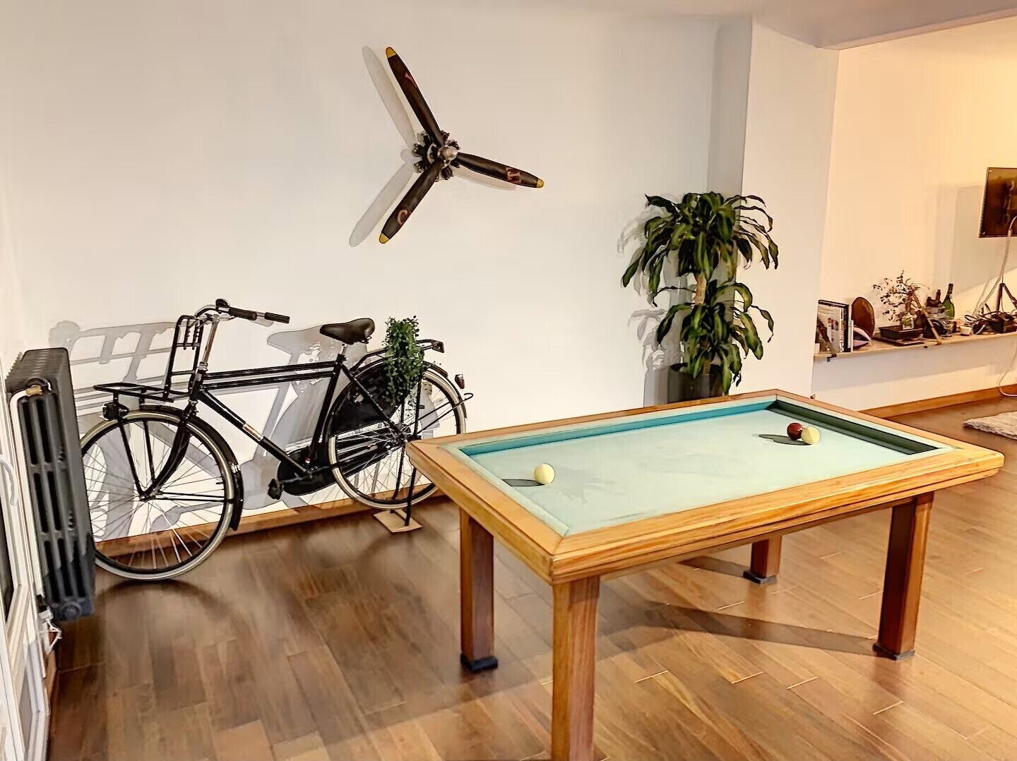 Ein Zimmer mit Billardtisch, Fahrrad, Wandventilator und Topfpflanze.