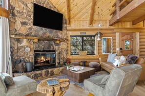 Smart TV, fireplace, video games, DVD player