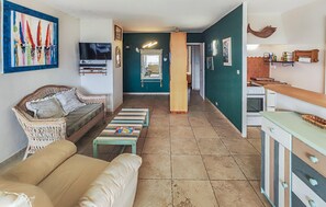 A living room with a sofa, a wicker chair, a TV, a kitchen area with a stove, and a hallway leading to a bathroom. - Cozy apartment in Agde with house sea view (Agde)