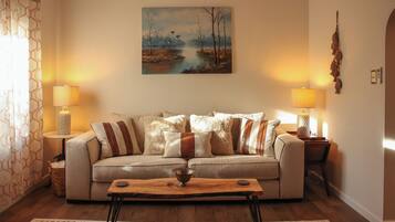 TV connectée, cheminée, livres