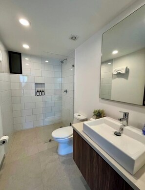 Shower, hair dryer, towels, soap