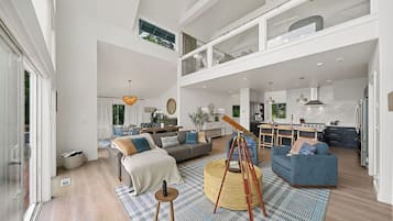 Smart TV, fireplace, books, offices