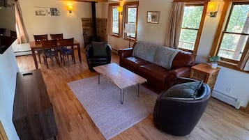 Smart TV, fireplace, books, stereo