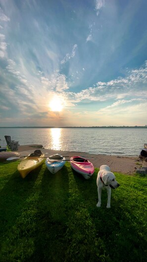 A grassy area with kayaks and a dog near a body of water during sunset. - St. Lawrence River home with beach & winter glamping igloo. (Ogdensburg)