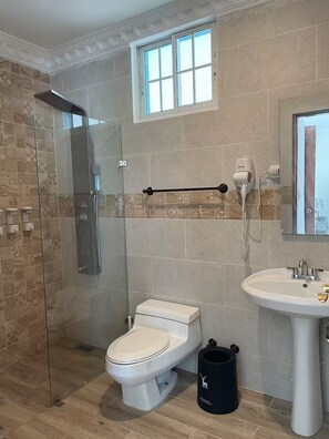 Dusche, Haartrockner, Handtücher, Seife