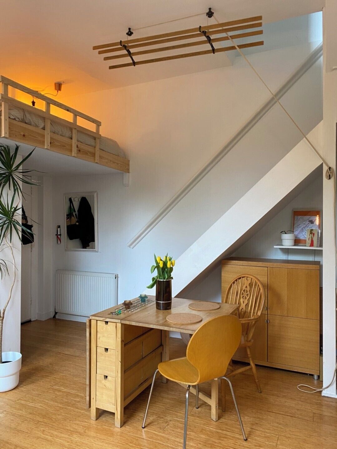 A loft-style bedroom with a sloped ceiling, a wooden desk with a chair, a radiator, and a plant.
