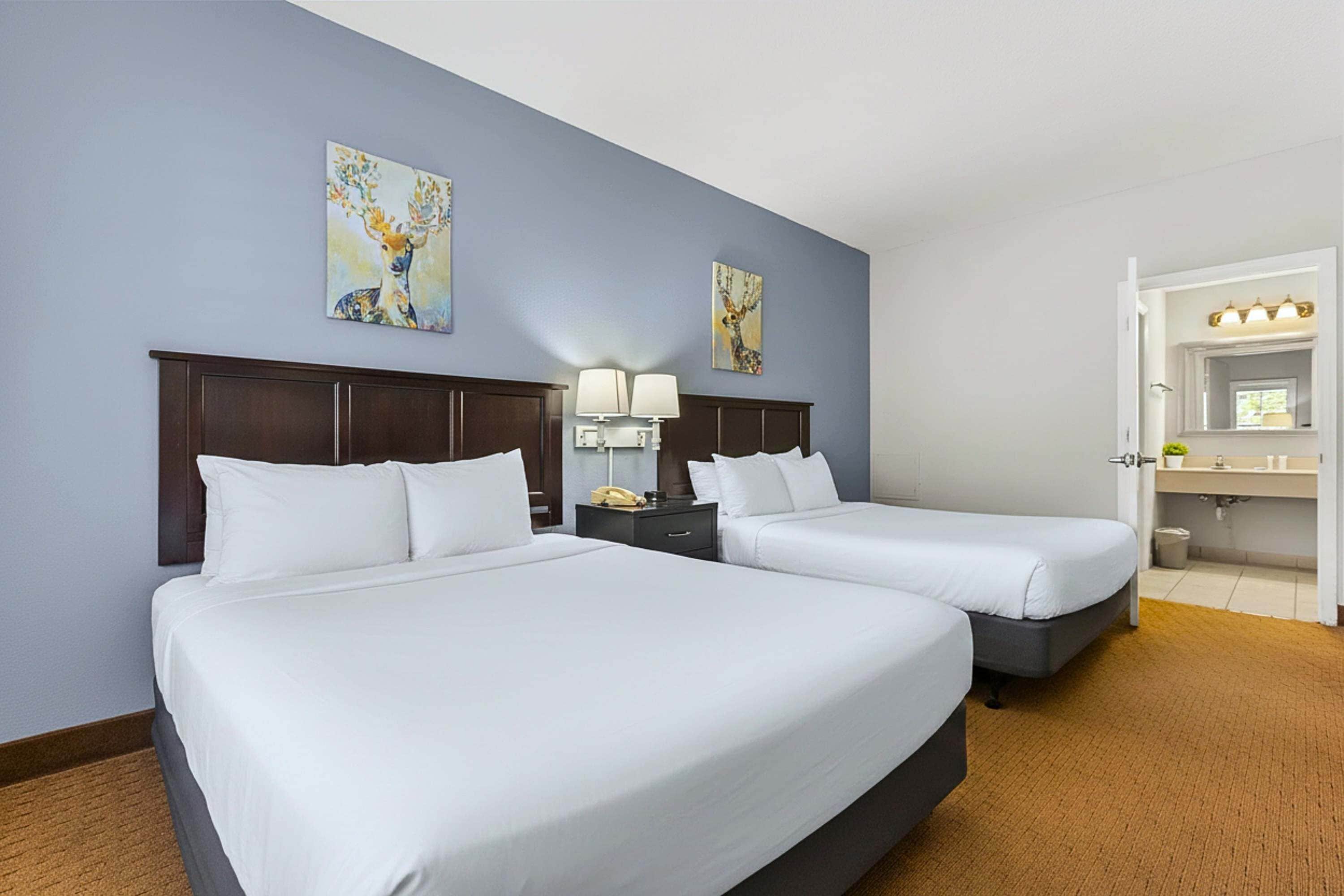 A hotel room with two beds, a nightstand with a lamp, and artwork on the walls.