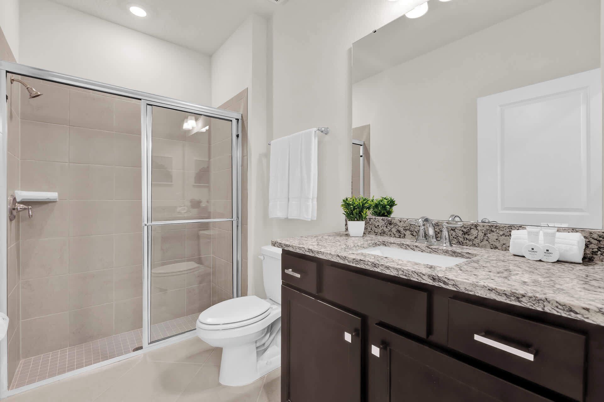 Un baño moderno con cabina de ducha de vidrio, inodoro blanco, muebles oscuros y encimera de mármol con artículos de aseo.