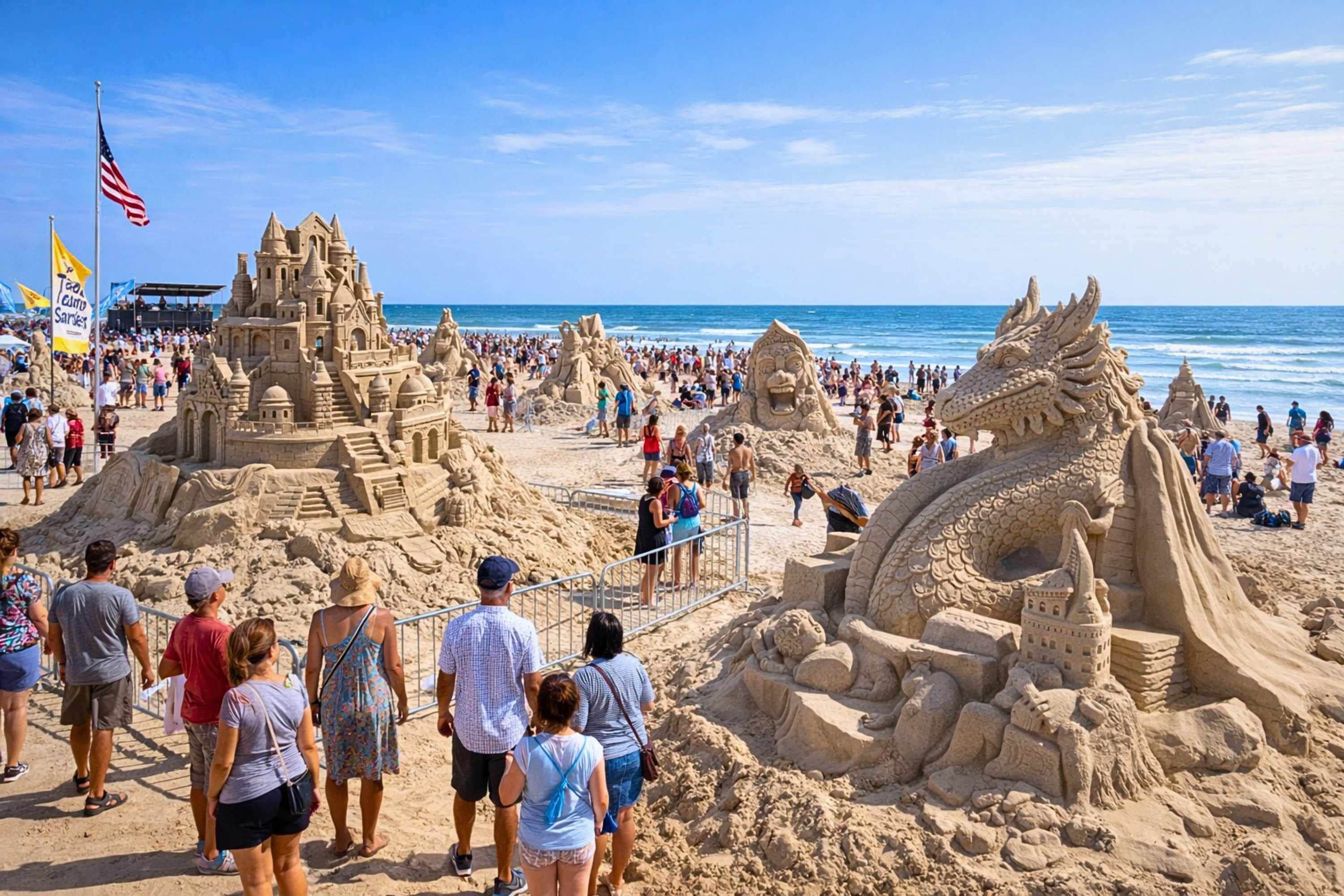 A sandy beach with large sand sculptures including a castle and a dragon, under a clear blue sky.