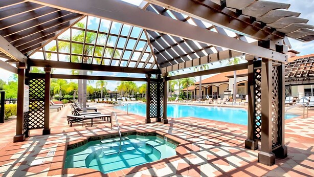 Ein überdachter Poolbereich im Freien mit Whirlpool, Liegestühlen und einer Pergola.