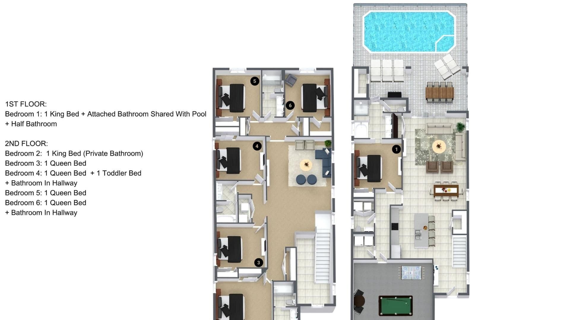 A hotel floor plan with 1st floor featuring a king bed, attached bathroom, and half bathroom, and 2nd floor with multiple rooms including queen beds and a toddler bed, all with in-hallway bathrooms.