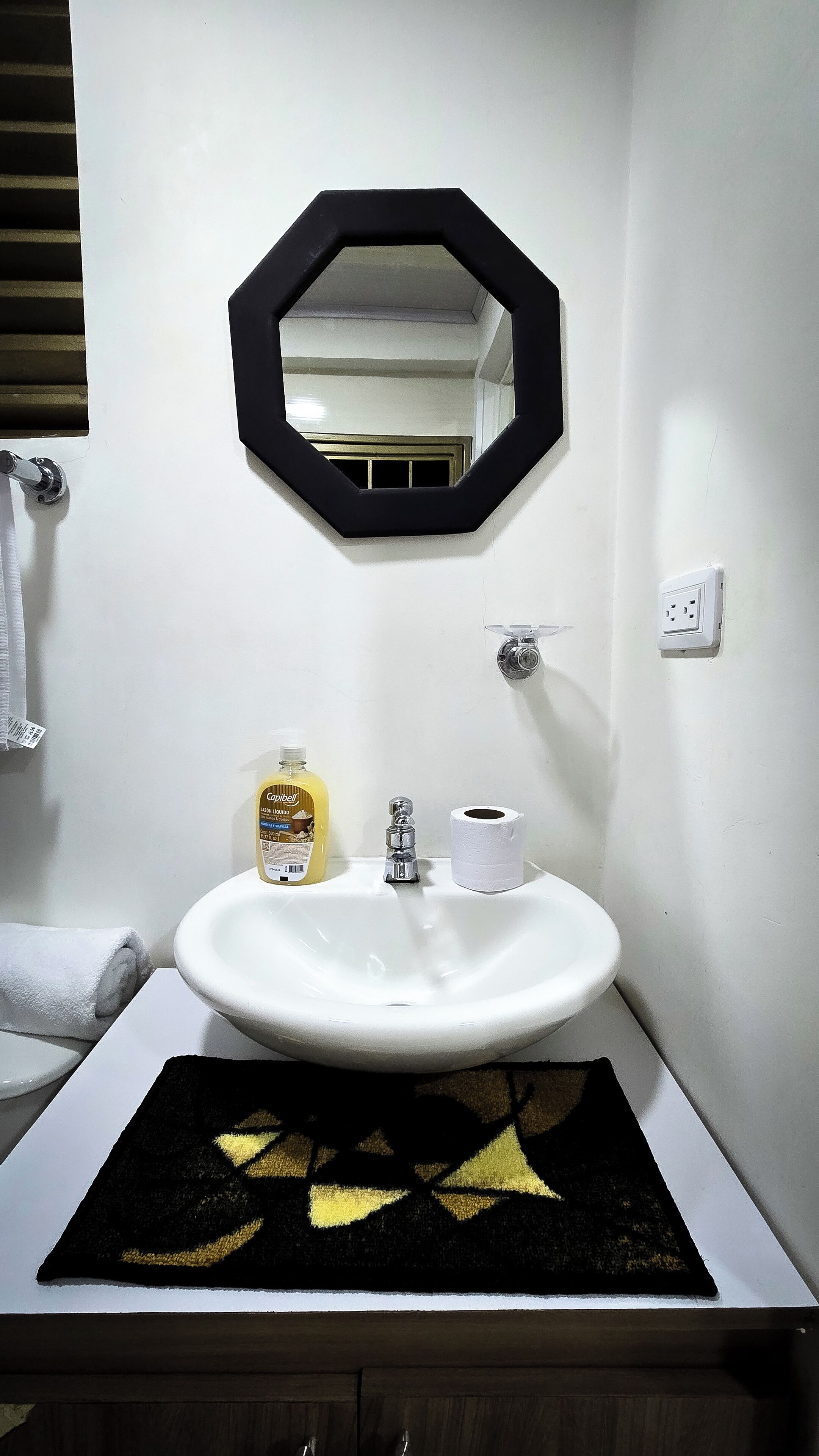 Shower, towels, soap, toilet paper