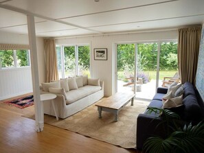 TV, fireplace, books