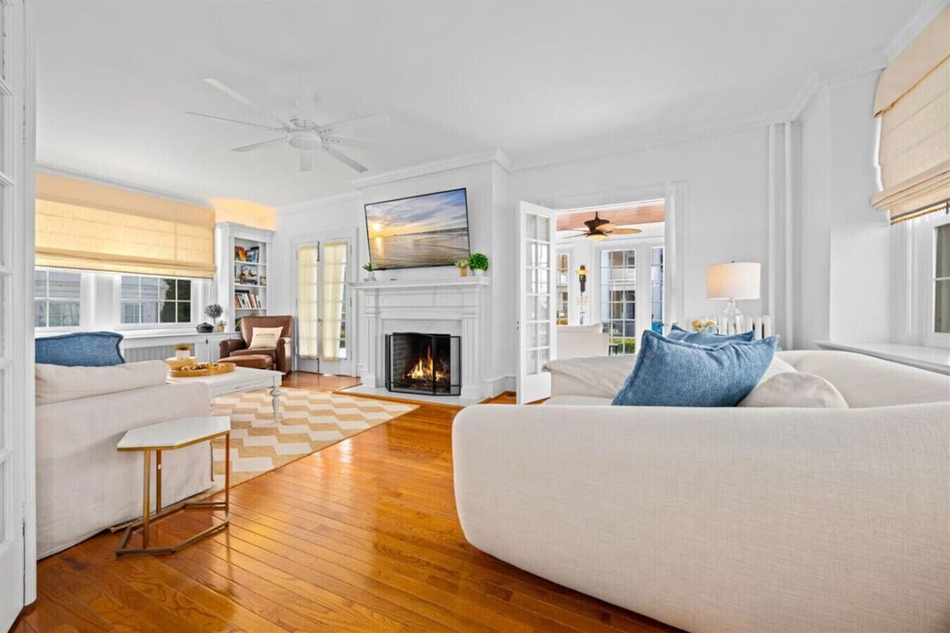 TV, fireplace, books