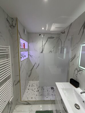 Secadora de cabello, toallas, shampoo, papel de baño