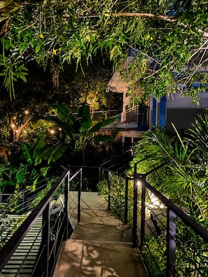A staircase surrounded by dense foliage leading to a building with a balcony. - Las Naveiras 5 (Tamarindo)