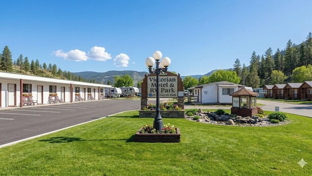 A motel with a sign for Victorian Motel & Park, RV parking, and a welcome center. - THE VICTORIAN MOTEL AND RV PARK by Capital O (Grand Forks)