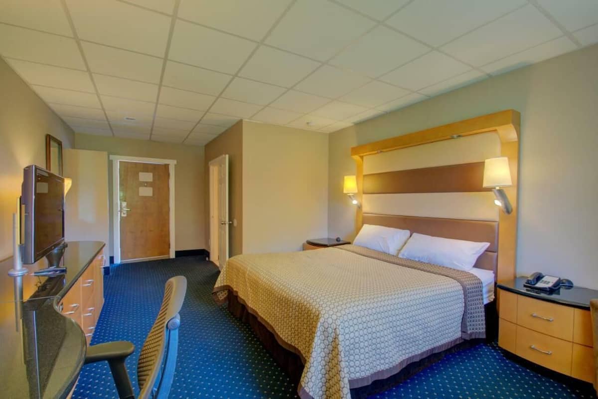 Ein Hotelzimmer mit Bett, Nachttisch, Lampe, Schreibtisch, Stuhl und Fernseher.