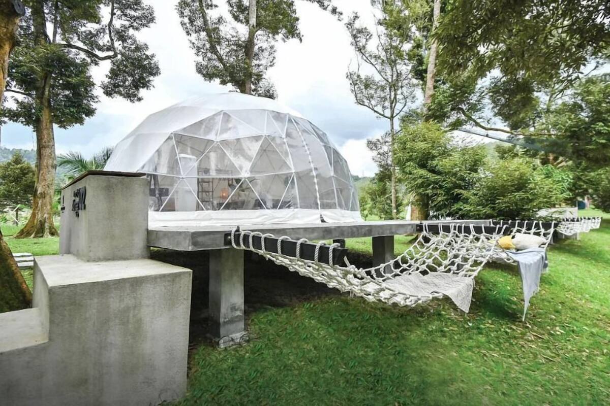 Een geodetische koepelstructuur met een hangmat en een betonnen platform.
