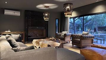 Smart TV, chimenea, libros