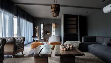 Smart TV, lareira, livros