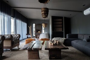 Smart TV, chimenea, libros