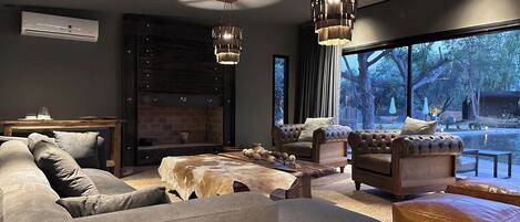 Smart TV, chimenea, libros