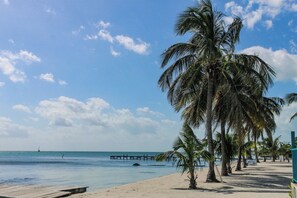A beach with palm trees, a wooden pier, and a sign for 'NEW WATER GRILL'. - Reef Haven Penthouse | 1BR Sea View Suite (San Pedro)