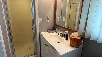 Shower, hair dryer, towels