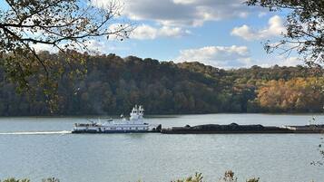A river with a boat and a forested hillside in the background.